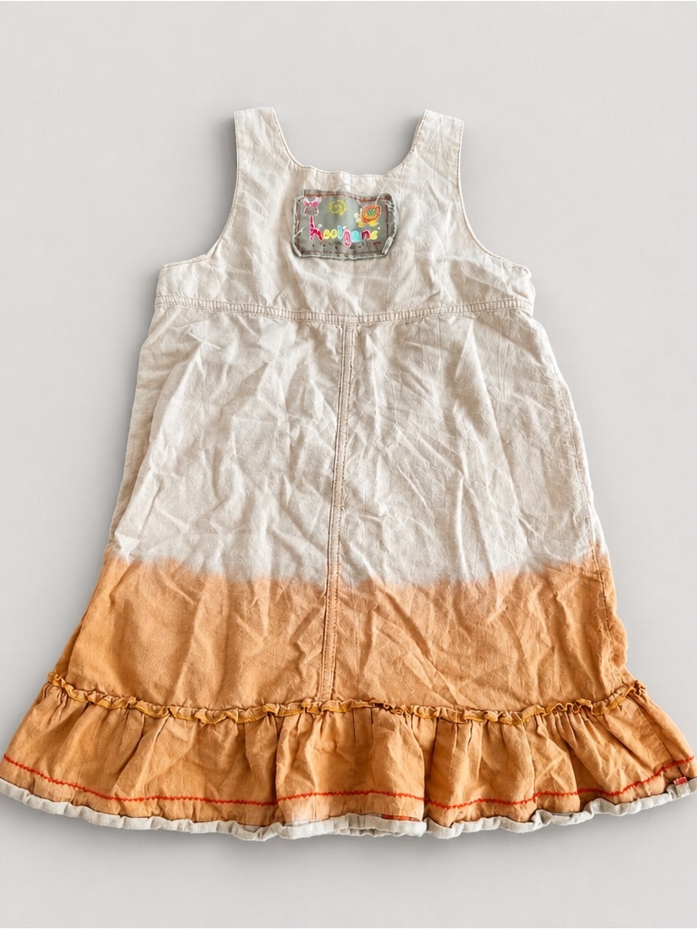 100% Cotton Girls Cream and Orange Dip-Dye Ruffle Dress with Embroidered Patch